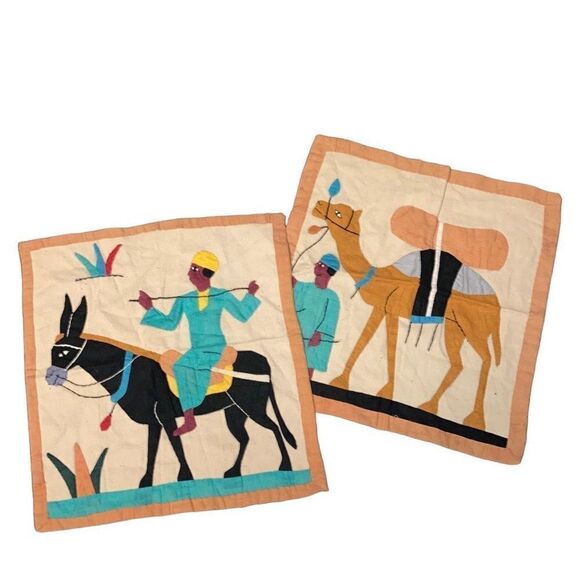 Set of Two Rare Handcrafted Egyptian Silk Cotton Wall Hangings Camel and Donkey - Picture 1 of 6